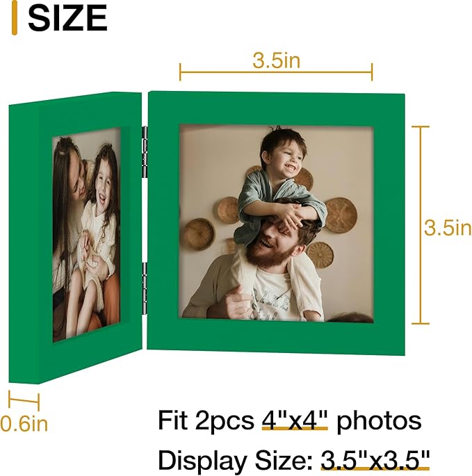 decorUhome Double 4x4 Picture Frame Vertical, Engineered Wood Bifold Photo Frame with Plexiglass for Tabletop Display, 4x4, Green