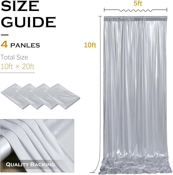 PartyVillage 20x10FT Silver Sequin Backdrop Curtain -4 Panels 5x10FT Wrinkle Free Shimmer Back Drop Cloth, Glitter Backdrop Drapes for Photography, Birthday, Wedding, Graduation Background