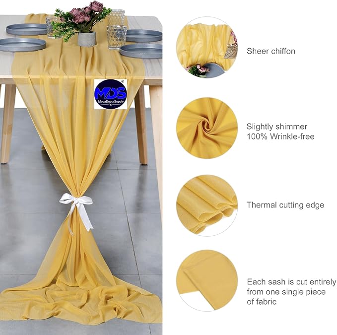 MDS 10 Pack 10ft Chiffon Table Runner 29 x 120 Inches Sheer Wedding Runner Romantic Rustic Table Runner for Wedding Decorations, Birthday Parties, Bridal Shower Party Arch Decor - Gold