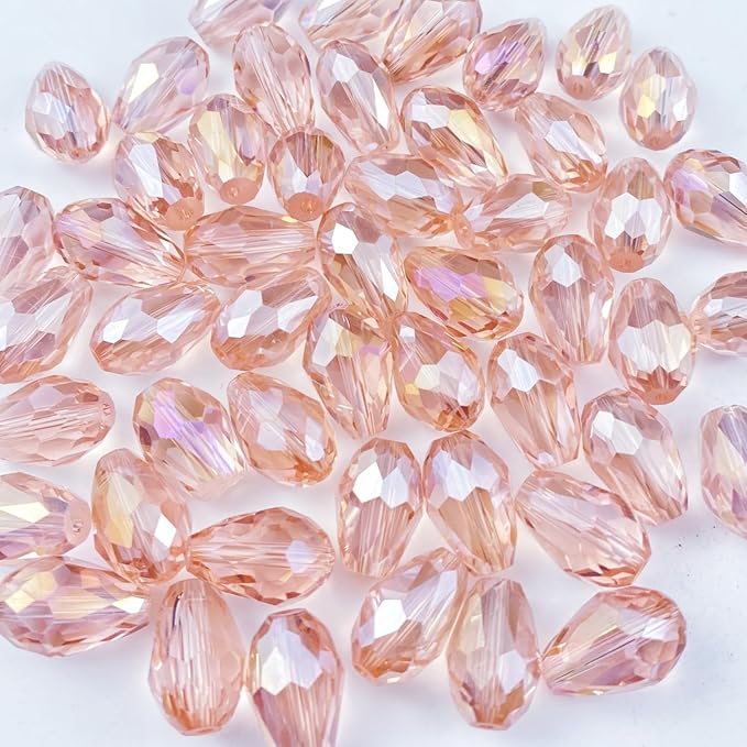 50pcs 10x15mm Teardrop Crystal Glass Beads Vertical Hole Faceted Glass Teardrop Spacer Beads for Bracelets Necklace Earring DIY Jewelry Making Craft(Pink AB)