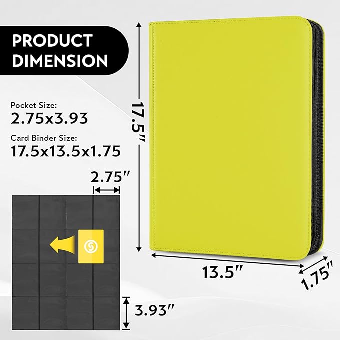 1000+ Pockets Trading Card Binder, Premium 16 Pocket Card Binder, Ringless Side Loading Collection Album Holder Folders for MTG, TCG, Game Cards & Sports Cards (Yellow)