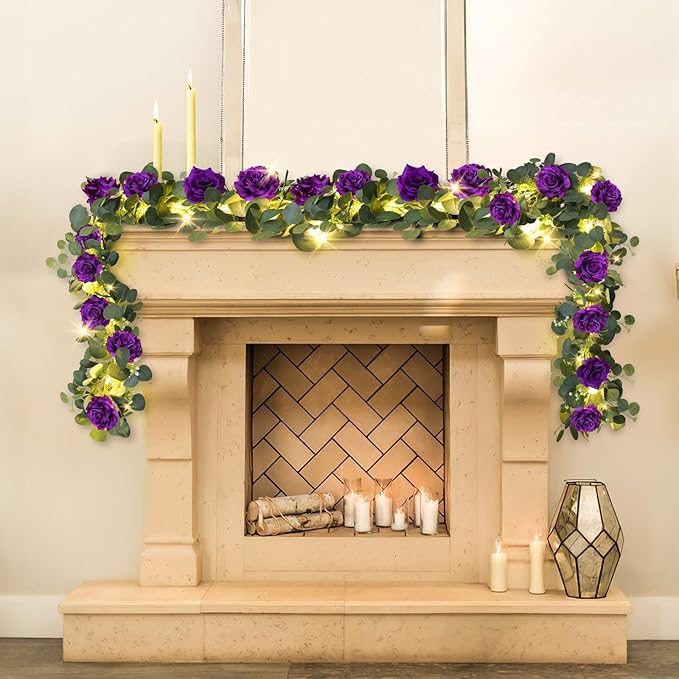 MACTING 2 Pack 13.2FT Eucalyptus Garland with Lights - Spring Gypsophila Flower Garlands with 24 Purple Roses Artificial Floral Greenery Vines for Arch Table Centerpieces Backdrop Party Wedding Decor