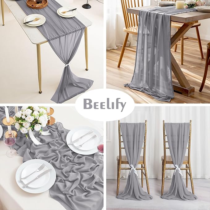 2 Pack 10 Ft Chiffon Table Runner Grey Gauze Long Table Runners 27x120 Inches Sheer Tulle Table Runner for Rustic Wedding Reception Bridal Shower Decorations Birthday Party