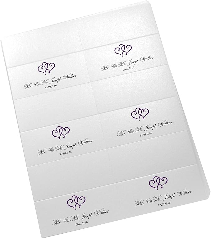 Linked Hearts Printable Place Cards, Eggplant (Choose Color), Set of 60 (10 Sheets), Laser & Inkjet Printers - Wedding, Party, Dinner, and Special Events - Made in the USA