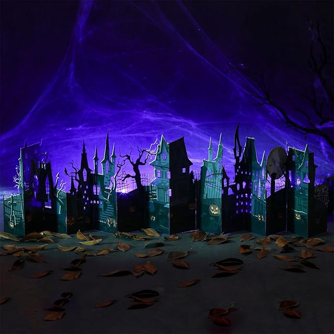 Geyoga Halloween Pop-up Card with 2 LED Lights 40" Halloween 3D Greeting Card Long Enchanted Eerie Village for Table Centerpiece Party Decoration