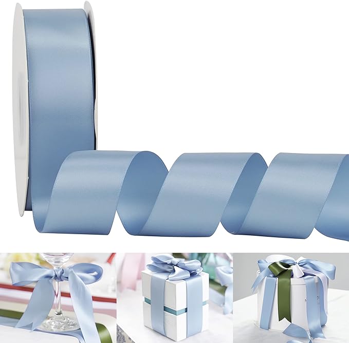 HUIHUANG Dusty Blue Ribbon 1-1/2 inch Double Face Satin Ribbon Silk Ribbons 50 Yards Roll for Gift Wrapping Bows Making Floral Bouquet Wedding Invitations Decor Party Favor and Craft Supplies