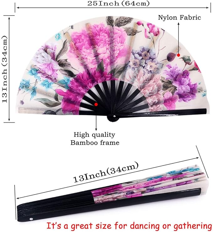Amajiji Large Folding Hand Rave Fan Popping Fan for Line Dancing Clacking Fans for Boots On The Ground Dance,Party,Decoration,Festival (Peony Flower)