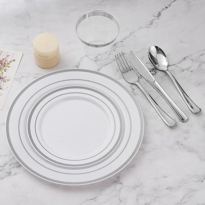 BESTVIP 450PCS Plastic Dinnerware Set (75 Guests), Silver Disposable Plates for Party, Wedding, Christmas, Anniversary, Includes: Dinner Plates, Dessert Plates, Cups, Spoons, Forks and Knives