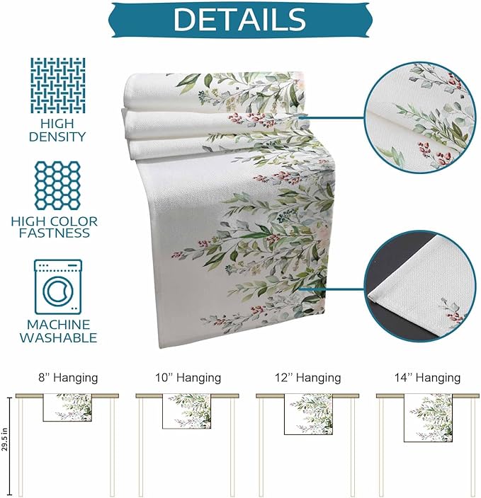 Botanical Eucalyptus Cotton Linen Table Runner for Dining Kitchen, Wedding Outdoor Party Tablerunners Decoration, Sage Green Leaves Elegant Floral Dresser Scarf Coffee Tablecloth Runners 13x60 Inches