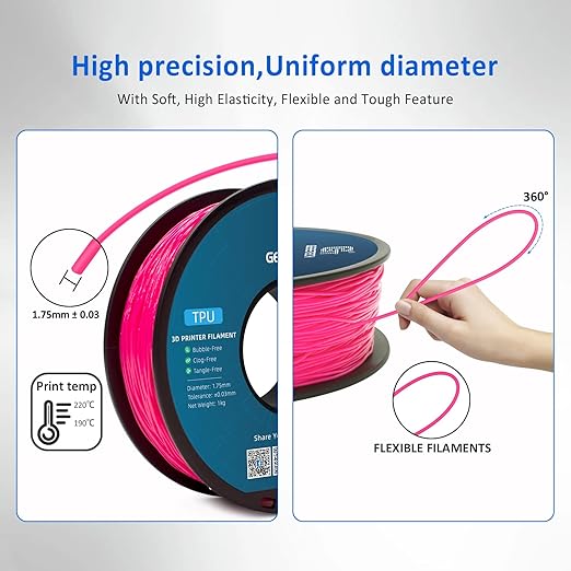 Geeetech TPU Filament 1.75mm – 95A Flexible 3D Printer Filament with High Elasticity, 1KG (2.2lbs) Spool, Dimensional Accuracy ±0.03mm, Fits Most FDM Printers (Pink)