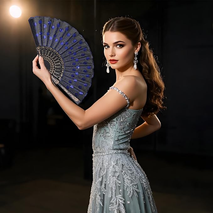QIRMIZI 30 Pack Fabric Folding Handheld Fans, Perfect for Weddings, Parties, and Dancing,Royal Blue