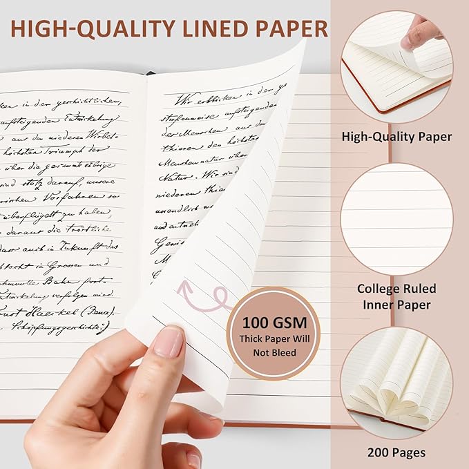 Lined Journal Notebook for Women Men, 200 Pages A5 Hardcover Leather Journals 5.7” x 8.3”, A5 College Ruled Notebooks with 100 GSM Thick Paper for Writing,Travel,School,Office,Work,Business(Brown)