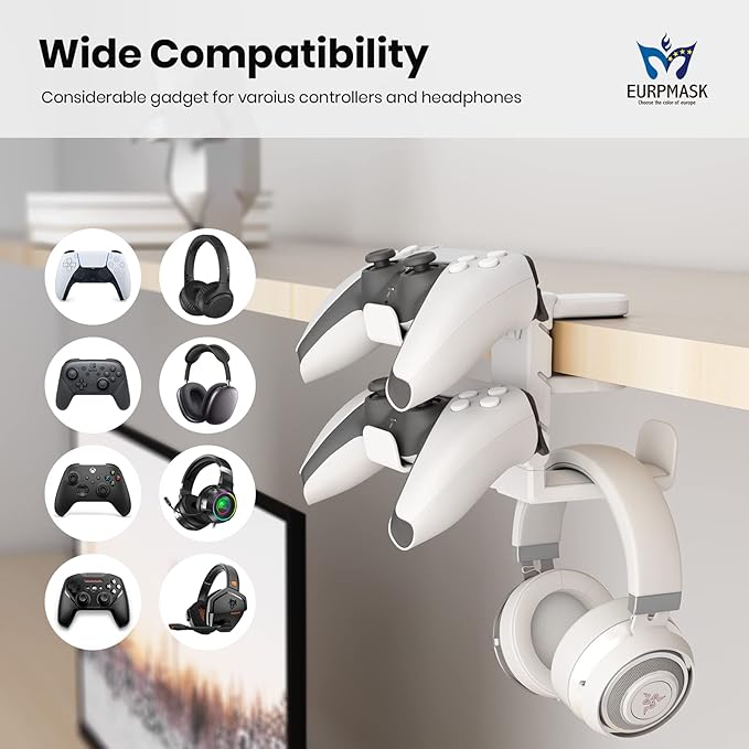 3-in-1 PC Gaming Headset&Controller Holder - EURPMASK Headphone Stand w/Adjustable Clamp&2 Controller Holder&Rotating Arm&Cable Organizer, Universal PC Gaming Accessory Controller Headset Stand-White
