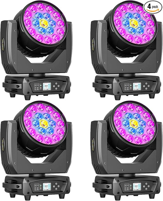 19x10W Moving Head Light Focusing/Beam/Wash/Zoom Effect Stage Lights 4-in-1 LED DMX512 & Sound Activated Control for DJ Disco Nightclub KTV Bar Theater Shopping Mall (4 PCS