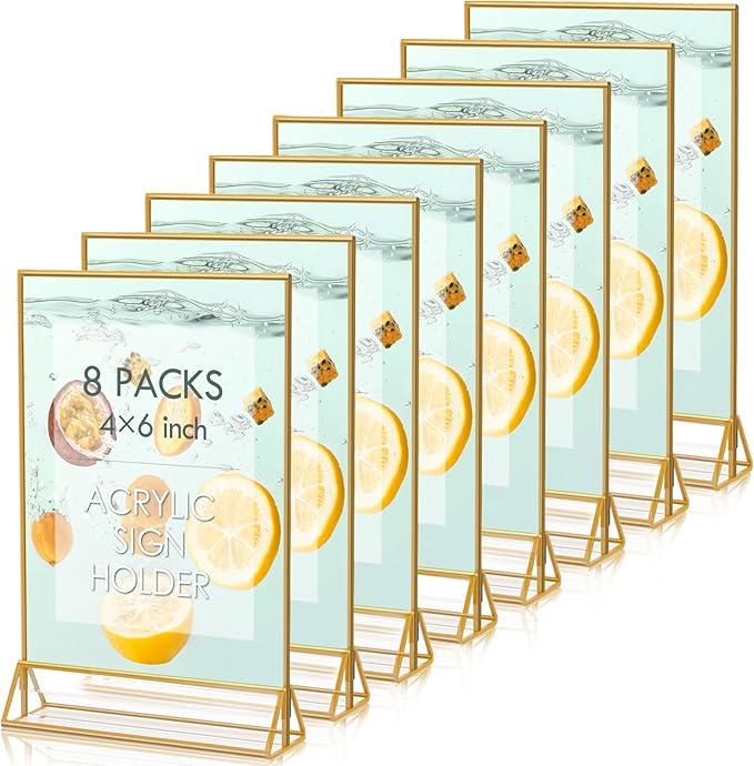 HOODO 8 Pack 4x6 Acrylic Table Number Holders with Golden Border, Double-Sided Clear Acrylic Sign Holder Gold Picture Frames Sign Holder, Vertical Stand (4"x6"-8 Pack)