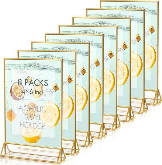 HOODO 8 Pack 4x6 Acrylic Table Number Holders with Golden Border, Double-Sided Clear Acrylic Sign Holder Gold Picture Frames Sign Holder, Vertical Stand (4"x6"-8 Pack)