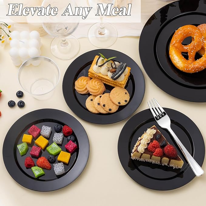 100PCS Black Plastic Plates Set, 50 10.25 inch Dinner Plates and 50 7.5 inch Dessert Plates, Premium Disposable Plates for Party, Wedding,Halloween