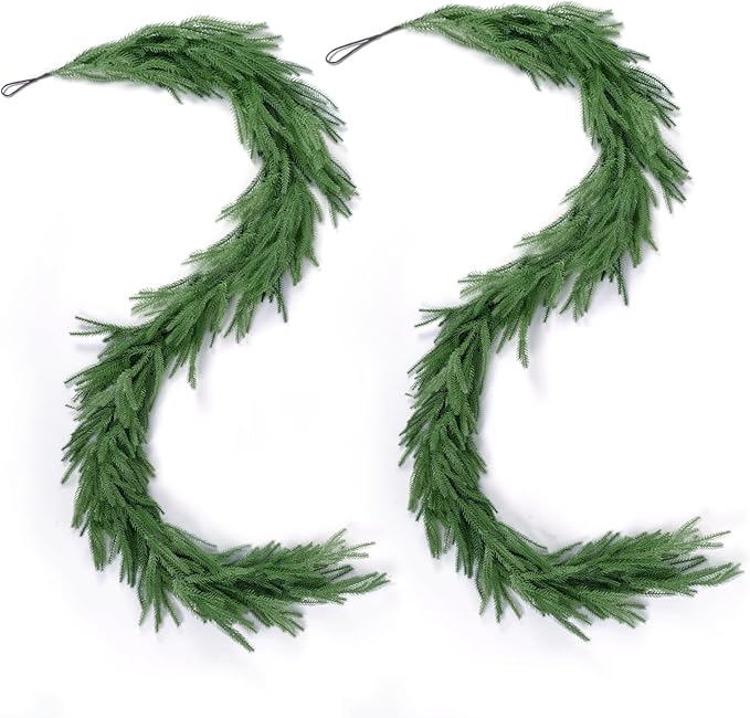 2 Pack Christmas Norfolk Pine Garlands 6FT, Real Touch Artificial Greenery Garland – Full Evergreen Pine Garland for Mantle, Fireplace, Table, Wall, Stairs & Outdoor Holiday Décor