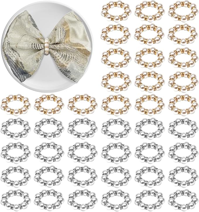 50Pcs Pearl Napkin Rings, Imitation Pearl Napkin Rings Holder, Disposable Beaded Serviette Napkin Buckles for Wedding Reception Party Banquet Dinner Table Decor (Pearl Gold+Silver, 50 Pcs)