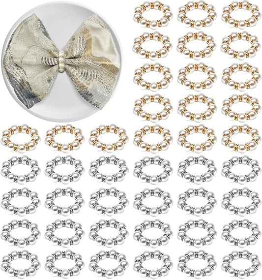 50Pcs Pearl Napkin Rings, Imitation Pearl Napkin Rings Holder, Disposable Beaded Serviette Napkin Buckles for Wedding Reception Party Banquet Dinner Table Decor (Pearl Gold+Silver, 50 Pcs)