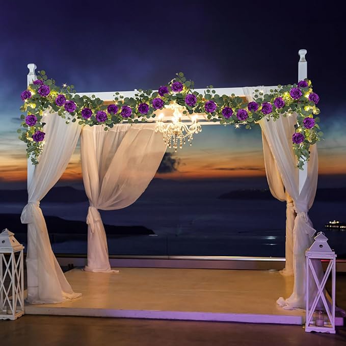 MACTING 2 Pack 13.2FT Eucalyptus Garland with Lights - Spring Gypsophila Flower Garlands with 24 Purple Roses Artificial Floral Greenery Vines for Arch Table Centerpieces Backdrop Party Wedding Decor
