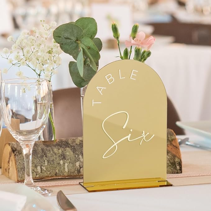 Gold Mirror Arched Wedding Table Numbers 1-15 with Stands, 5x7 Inch Acrylic Arch Sign with Holder, Gold Arch Acrylic Table Numbers for Wedding Reception(1-15, 5"x7")