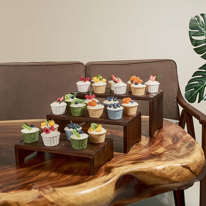 Set of 3 Wooden Rustic Cupcake Stand for 24 Cupcakes, Stepped Wood Display Stand for Weddings, Tiered Party Buffet Table Display Nesting Riser for Food , Dessert, Cookie, Craft Show, Brown