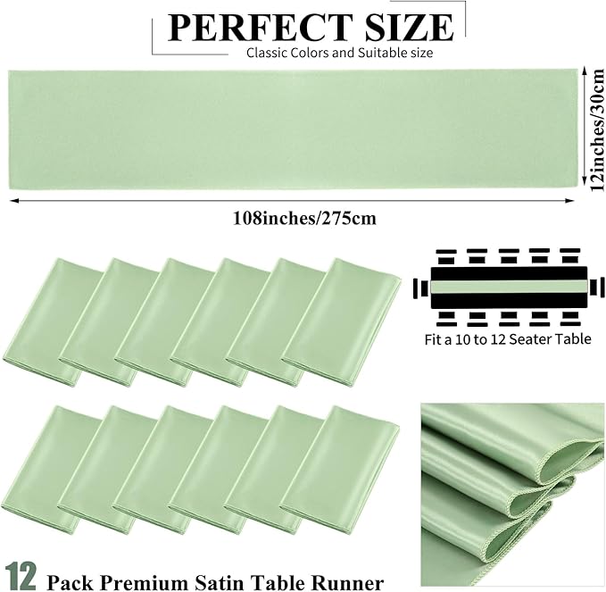 12 Pack Sage Green Satin Table Runner,12 x 108 inch Long Premium Smooth Table Runner for Wedding, Banquets, Birthday, Party, Graduation, Engagements, Table Runners fit Rectangle and Round Table