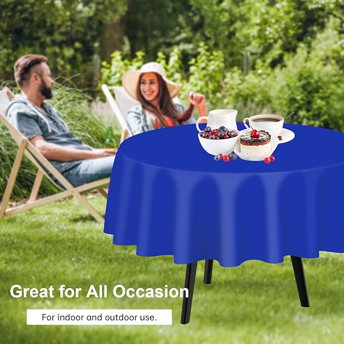 QIKSION Dark Blue Round Tablecloth 6 Pack, 84 Inch Plastic Table Cover Disposable for Parties