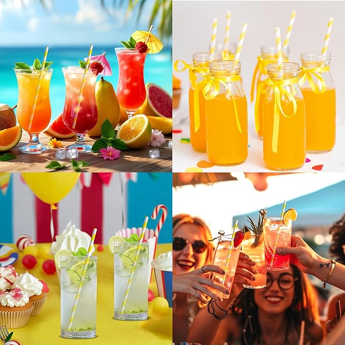 Eco-friendly Yellow White Striped Disposable Paper Drinking Straws 7.75'' x 0.24'' 100 Counts - for Cocktail, Party, Juice, Water, Milk