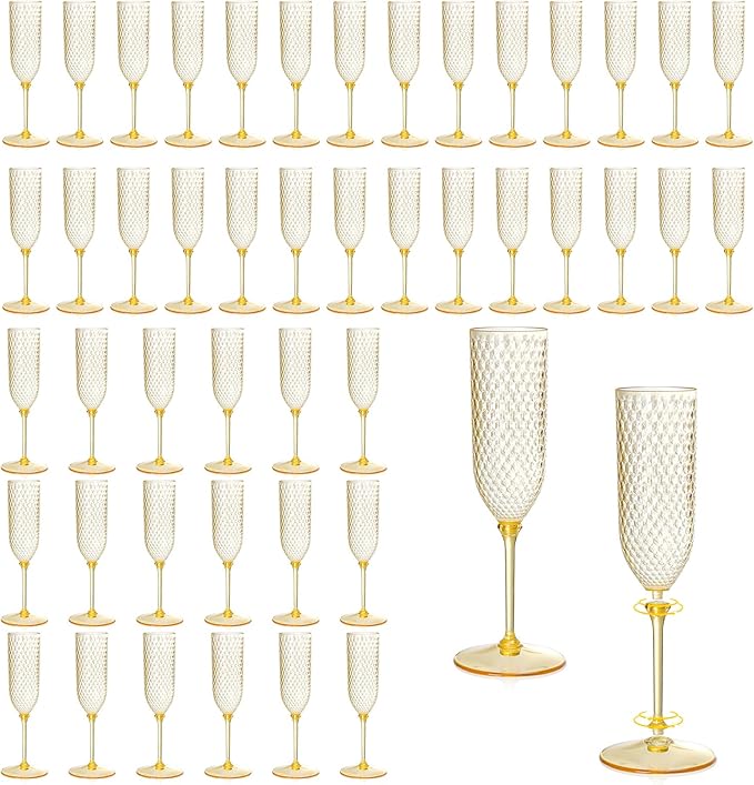 XUWAIDSGN 48 Pack Amber Detachable 2 piece Champagne Flutes 5.5 Oz Unbreakable Plastic Mimosa Disposable Champagne Glasses Drinking Cups Stemmed Reusable Wine Toasting Glasses for Wedding