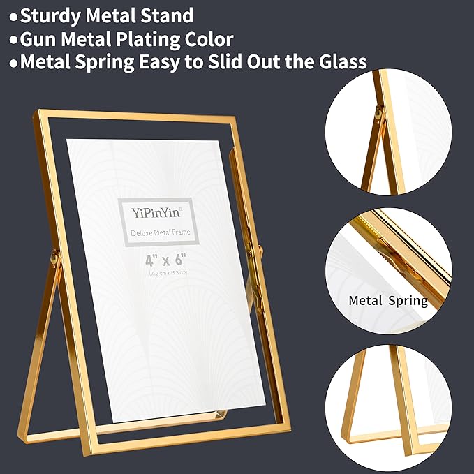 Gold 4x6'' Double Floating Frame For Photo Sizes 2x3'', 3.5x 5'', 4x6'' Metal double Frames for Tabletop/Display, Gold Floating Frame for Gift Wedding, Christmas,Birthady, Home or Office Décor.