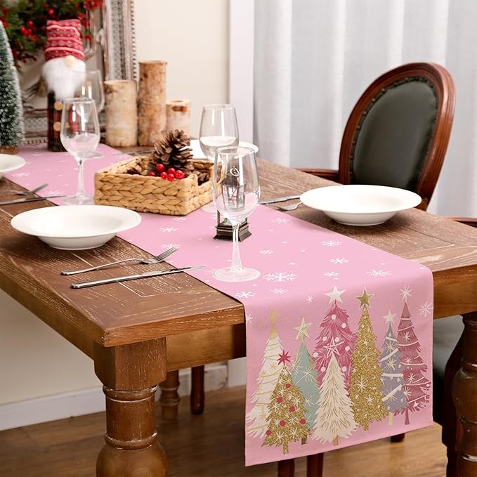 GEEORY Christmas Table Runner 13x48 Inch, Xmas Trees Snowflakes Holiday Decorative Farmhouse Table Decoration for Kitchen Dinning, Indoor Outdoor Dinner Party Decor (Pink) GT153-48