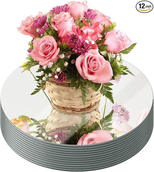 JAMBALAY 8" Round Mirror Centerpieces for Tables, Set of 12 Glass Mirror Table Centerpieces, Circle Glass Mirror Trays, Mirror Candle Plates for Wedding Decorations and Party