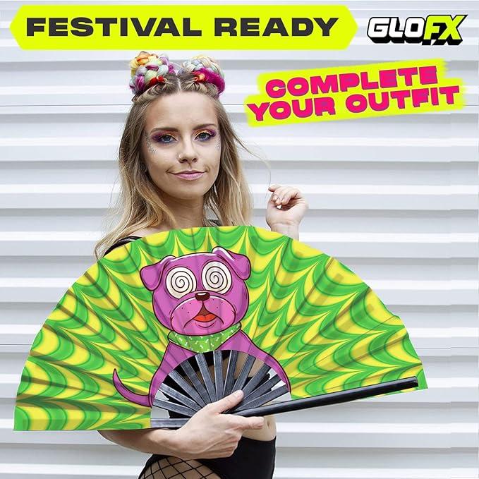 GloFX Rave Trippy Doggy Large Folding Fan - Music Festival Essentials, EDM Rave Accessories