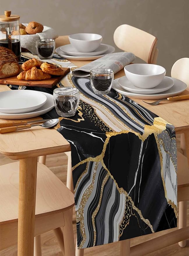 Geometric Black Marble Cotton Linen Table Runner for Dining Kitchen, Wedding Outdoor Party Tablerunners Decoration,Farm Marble Liquid Ripple Abstract Dresser Scarf Coffee Tablecloth Runners 13''x108''