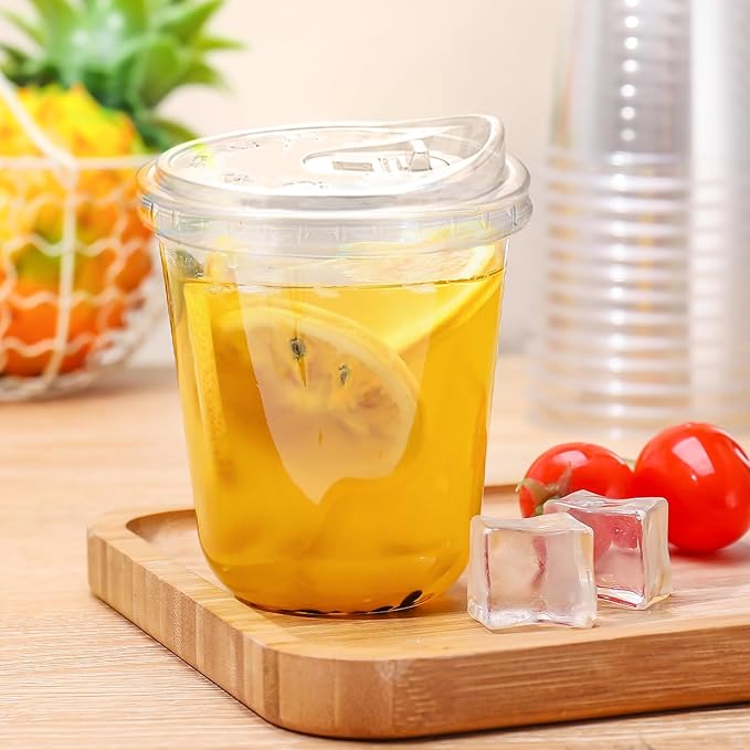 12oz Disposable Stemless Glasses With Strawless Sip Lids,PET Disposable Drinking Cups,Clear Plastic Wine Glasses for Parties Birthday,Wedding,Meeting,Christmas Party Supplies. (50, Transparent)