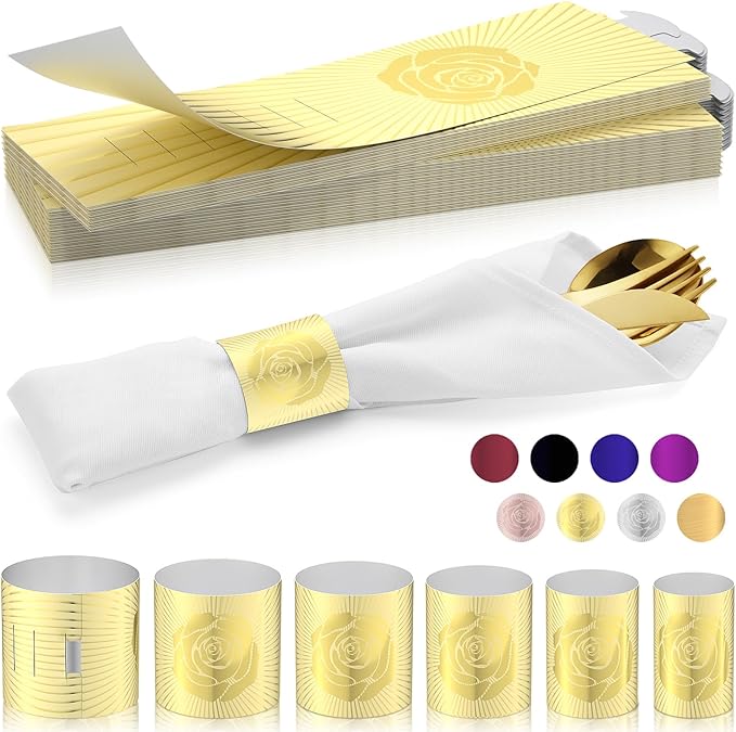 Polymer Material Reusable Napkin Band, Glue-Free Tear-Proof Water Resistant Oil-Proof Napkin Bands Set of 50(Front Gold Color and Back Silver), 6 Adjustable Sizes Napkin Rings
