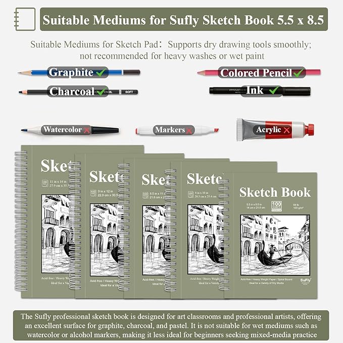 Sketch Book 5.5 X 8.5 inch, Artist Sketch Pad (Pack of 3), 300 Sheets (68lb/100gsm) Spiral Bound Sketchbook, 100 Sheets Each, Acid Free Drawing Paper, Suitable for Adults & Teens