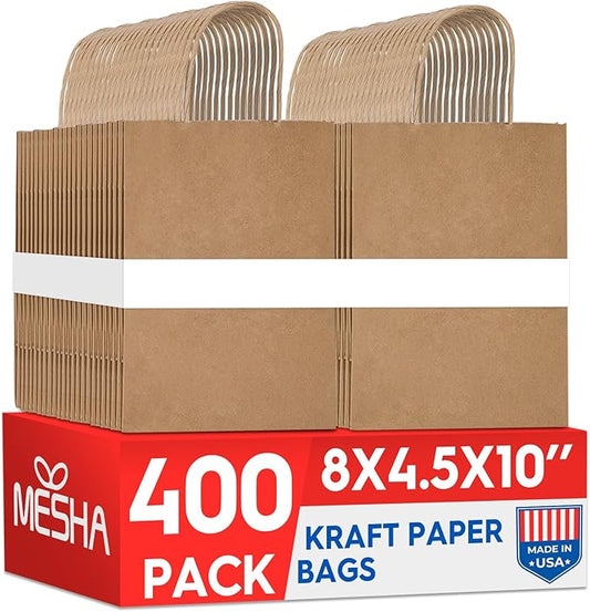 MESHA Gift Paper Bags 400 Pack 8X4.25X10.5 Brown Medium Shopping Kraft Bags Bulk with Handles Reusable for Business,Grocery,Birthday,Wedding,Kids Party,Favors