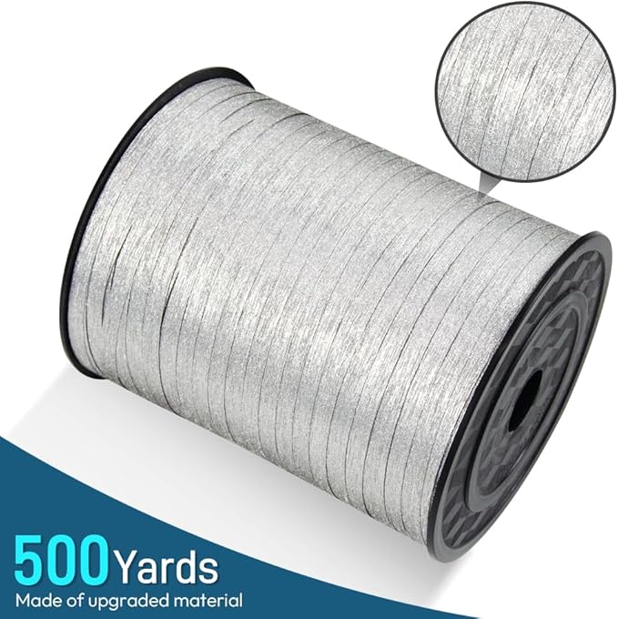 KMER LIFE Silvery Glitter Curling Ribbon, 1/5" Wide x 500 Yards Christmas Curling Ribbons for Gift Wrapping, Party Decoration, Balloon String, Crafting, Balloon Ribbons for Florist Flower (1 Roll)