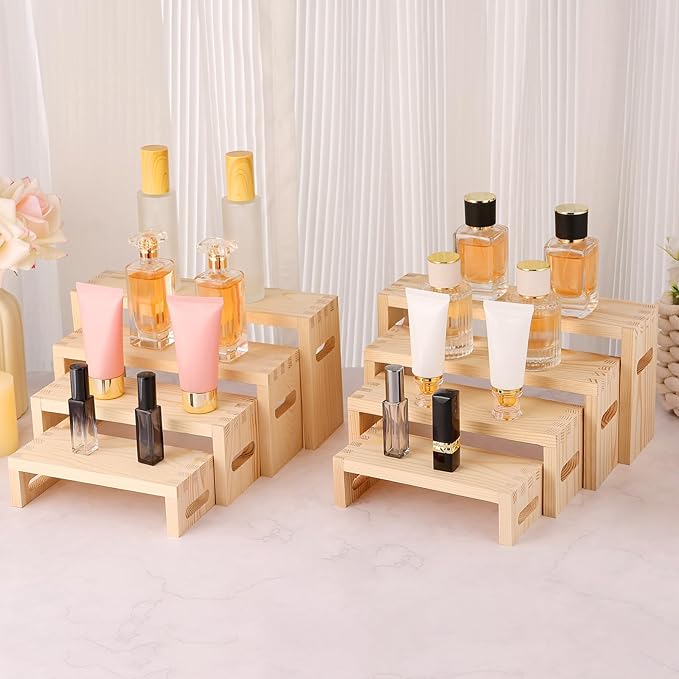 8 Pcs Wood Risers Display Stands, 2 Set Wooden Risers for Table Display, 4 Tier Rectangular Riser Display Stand Wooden for Cupcake, Desserts, Perfume, Collections, Jewelry Showcase (Nature)
