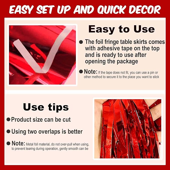 3 Pack 29 x108 Inch Red Foil Fringe Table Skirts Metallic Banner for Tinsel Streamer Garland Backdrop for Parade Floats Mother's Day, Graduate, Birthday, Wedding Party Decoration
