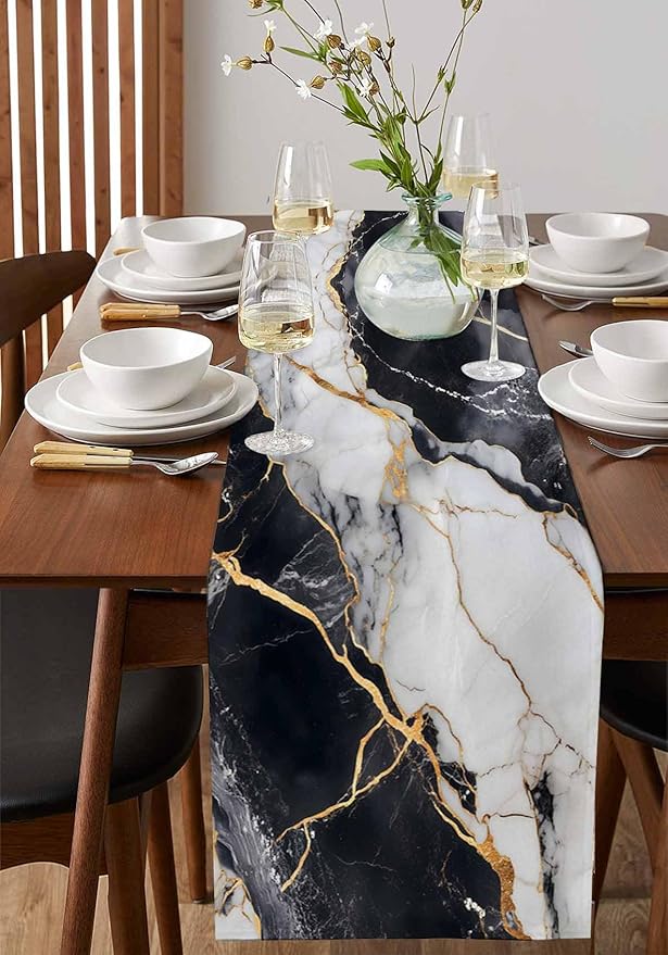Black White Marble Cotton Linen Table Runner for Dining Kitchen, Wedding Outdoor Party Tablerunners Decoration, Nature Marble Crack Modern Art Dresser Scarf Coffee Tablecloth Runners 13x108 Inches