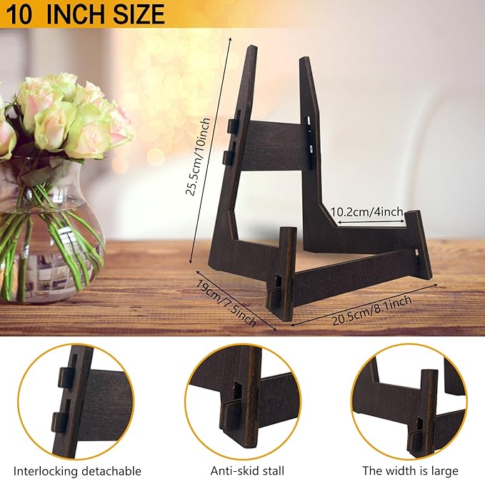2 Pack 10 Inch Plate Display Stands - Wooden Picture Frame Holder for Books, Photo, Platter | Tabletop Decorative Stand
