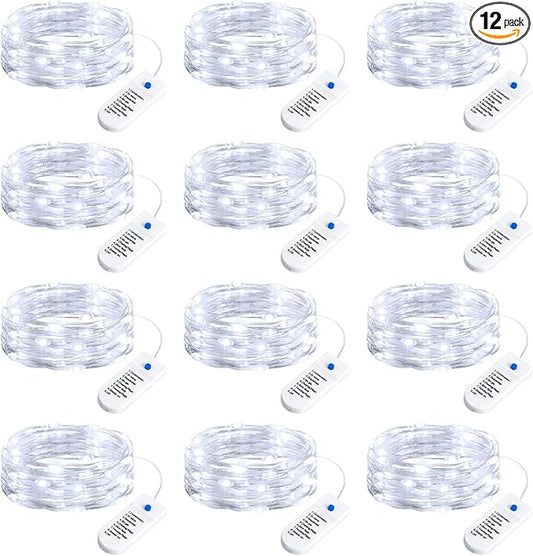 Minetom 12 Pack Fairy Lights Battery Operated String Lights, 8 Modes & Timer, 7ft 20LED White Waterproof Silver Wire Twinkle Lights, Firefly Starry Moon Lights for Mason Jars DIY Christmas Wedding
