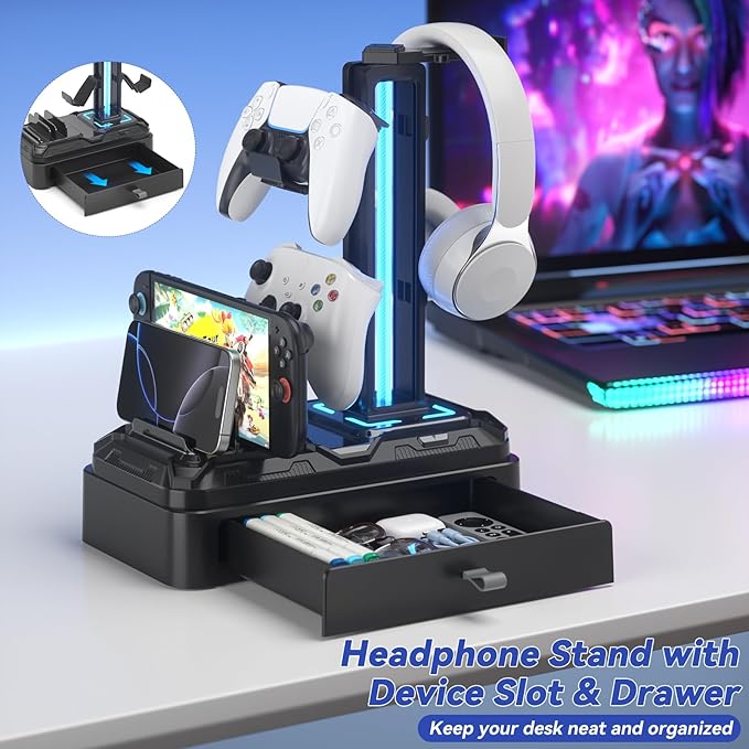 KDD Headphone Stand with USB A&C Charger Ports - RGB Controller Stand with Detachable Hooks - Rotatable Headset Hanger & Device Slot for Phones/Tablets - Drawer Storage Base for Gaming Desk Organizer