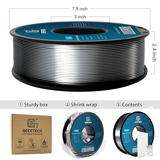 Geeetech Silk PLA Filament 1.75mm for 3D Printer, Metal-Like Shiny 3D Filament 1kg (2.2lbs) 1 Spool, Dimensional Accuracy +/- 0.02 mm, Metallic Silver Silk Filament