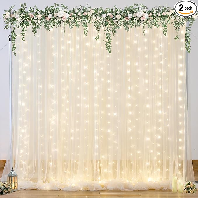 Champagne Tulle Photo Backdrop Curtain with Lights String for Parties Wedding Bridal Shower Sheer Champagne Curtain Backdrop for Birthday Baby Shower Photo Booth Photography 10ft x 8ft