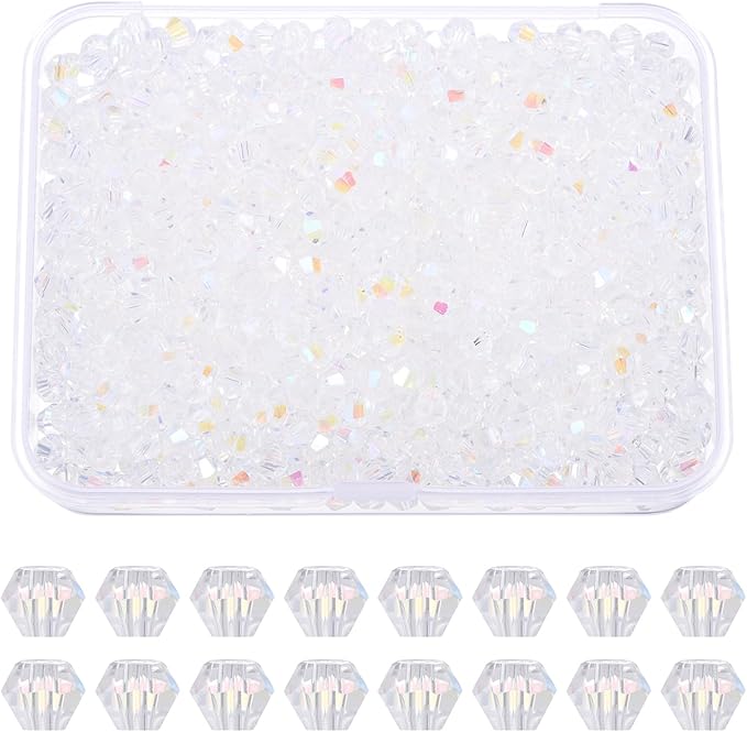 PATIKIL 1000pcs 3mm Bicone Glass Crystal Beads, Faceted Glass Spacer Beads with Box for Jewelry Making Bracelet Necklace Earrings DIY Suncatcher Craft, Colorful White AB
